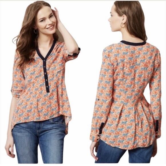 Anthropologie Tops - Anthropologie Vanessa Virginia Tiger Print Henley Blouse Size 2